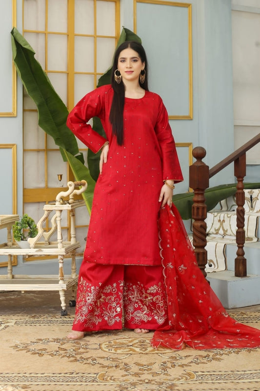 3Piece Embroidered Raw Silk | FF-031