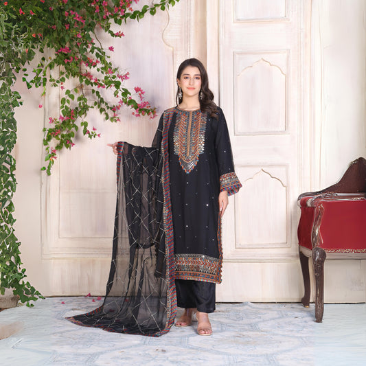 3Piece Embroidered Chiffon With 9MM Sequence | FF-002