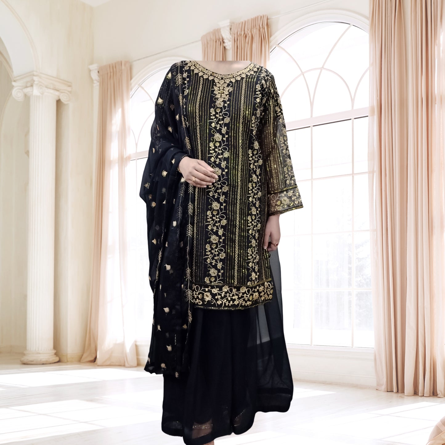 3Piece Embroidered Chiffon Frount Back Embroidered | FF-036