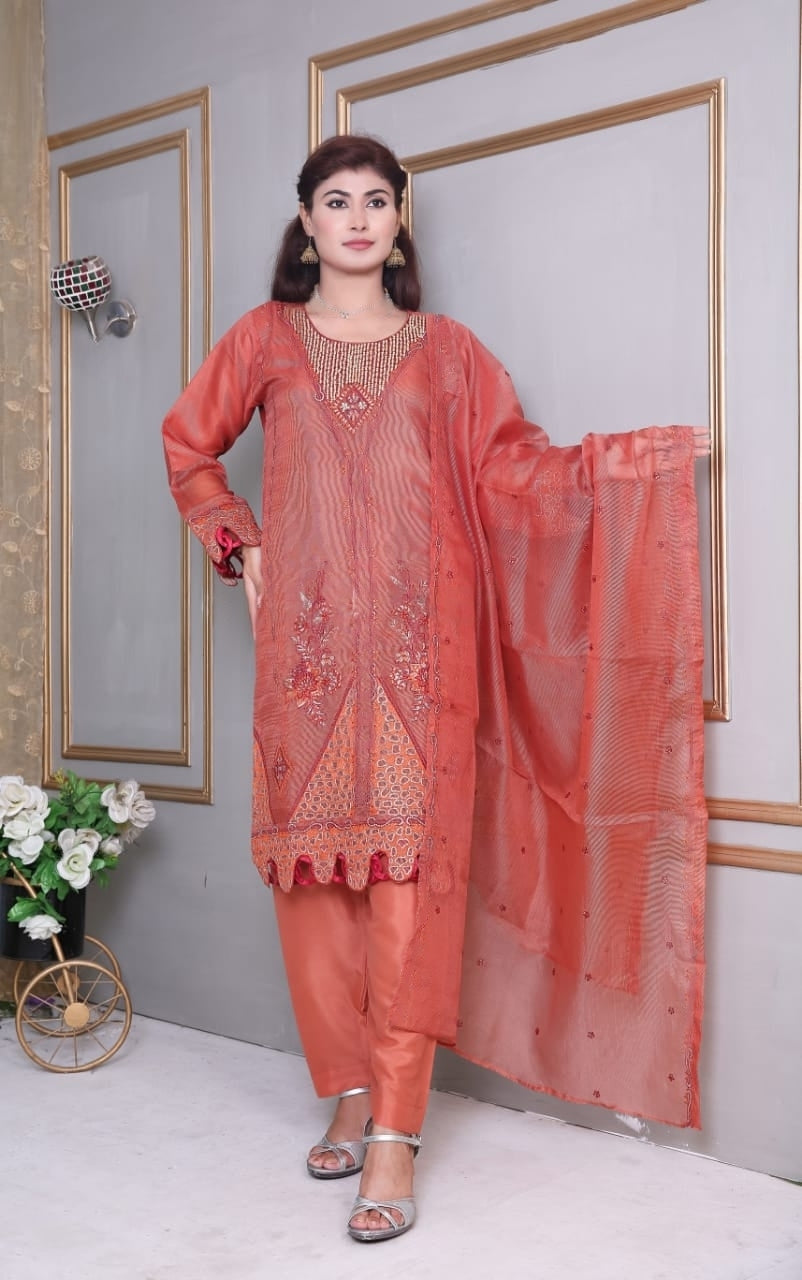 3Piece Embroidered Khaddi Net | FF-024